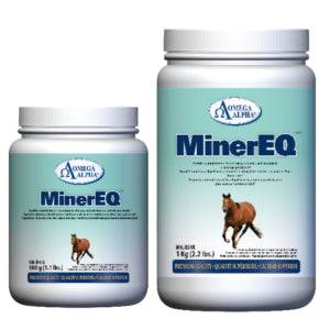 Two bottles of MinerEQ from Omega Alpha for horses on a white background