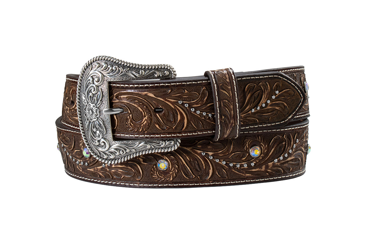 Brown leather Nocona belt with intricate designs and a silver buckle on a white background