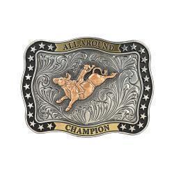 a belt buckle with a star trim, copper bull rider and the words 'all around champion'