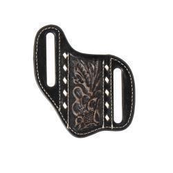 a leather black knife sheath with tooling and buckstitch detail