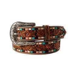 Brown leather Nocona womens belt with floral accents and blue and white and brown squares on a white background