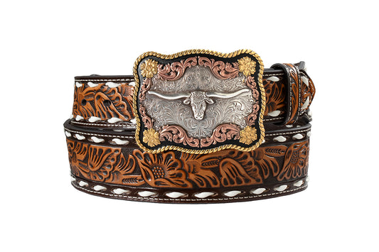 Leather belt with floral tooling and a longhorn belt buckle on a white background