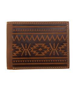 a leather bi fold wallet with a southwest design embossed on it