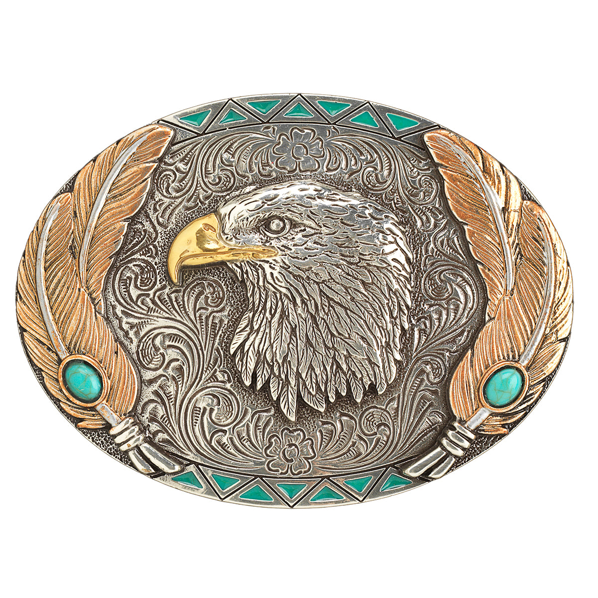 An oval belt buckle from Nocona featuring an engraved eagle head at the center, flanked by feather motifs and turquoise accents on a silver-toned background.