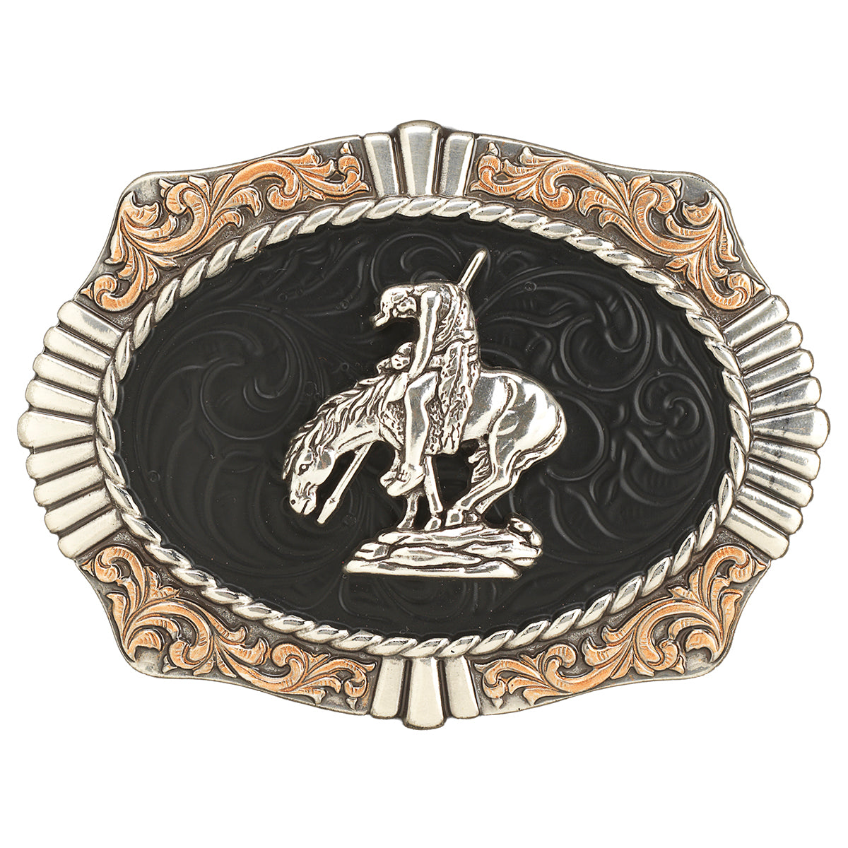 Oval belt buckle by Nocona with a horse and rider and some copper accents on a white background