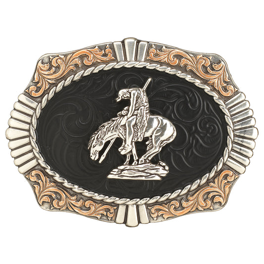 Oval belt buckle by Nocona with a horse and rider and some copper accents on a white background
