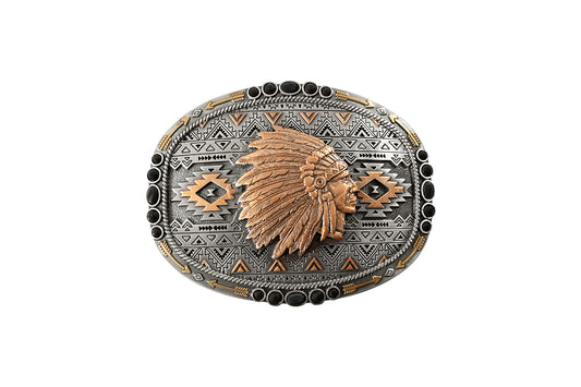 a smooth edge belt buckle with copper, gold and black accents with a native headress in the center
