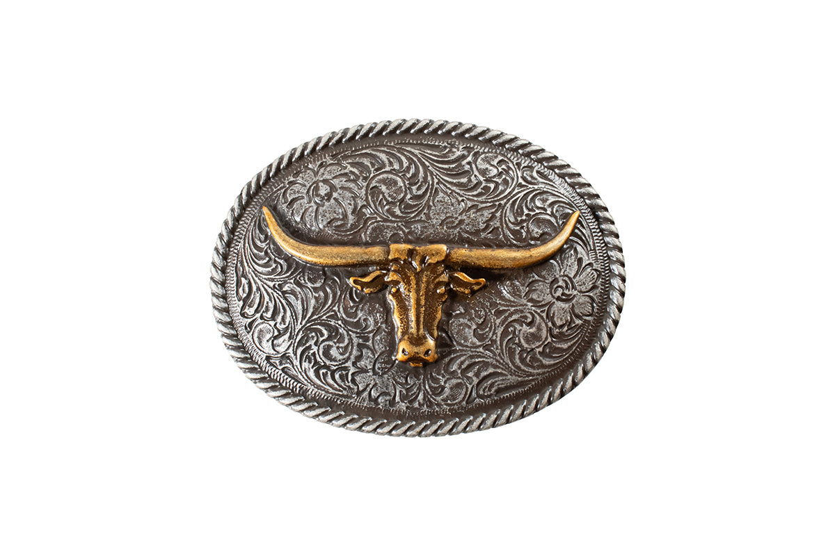 belt buckle with gold Longhorn design from Nocona on a white background