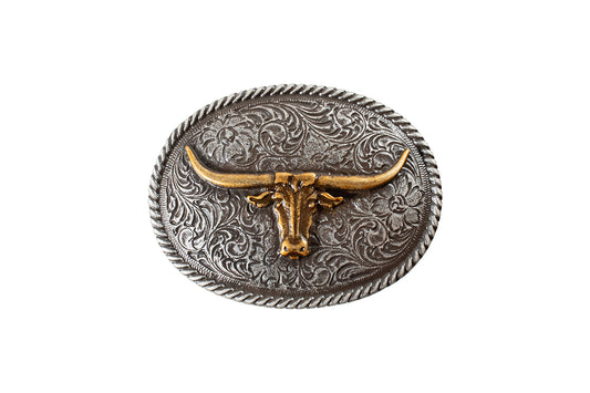 belt buckle with gold Longhorn design from Nocona on a white background