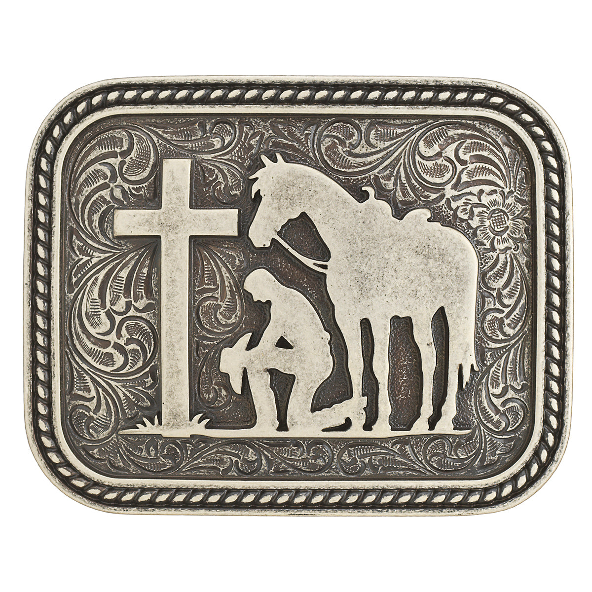 Belt buckle from Nocona with a cowboy and a horse praying by a cross on a white background