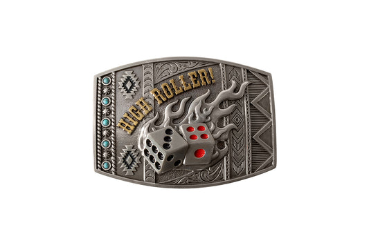 Nocona Buckle with dice and flames design on a white background
