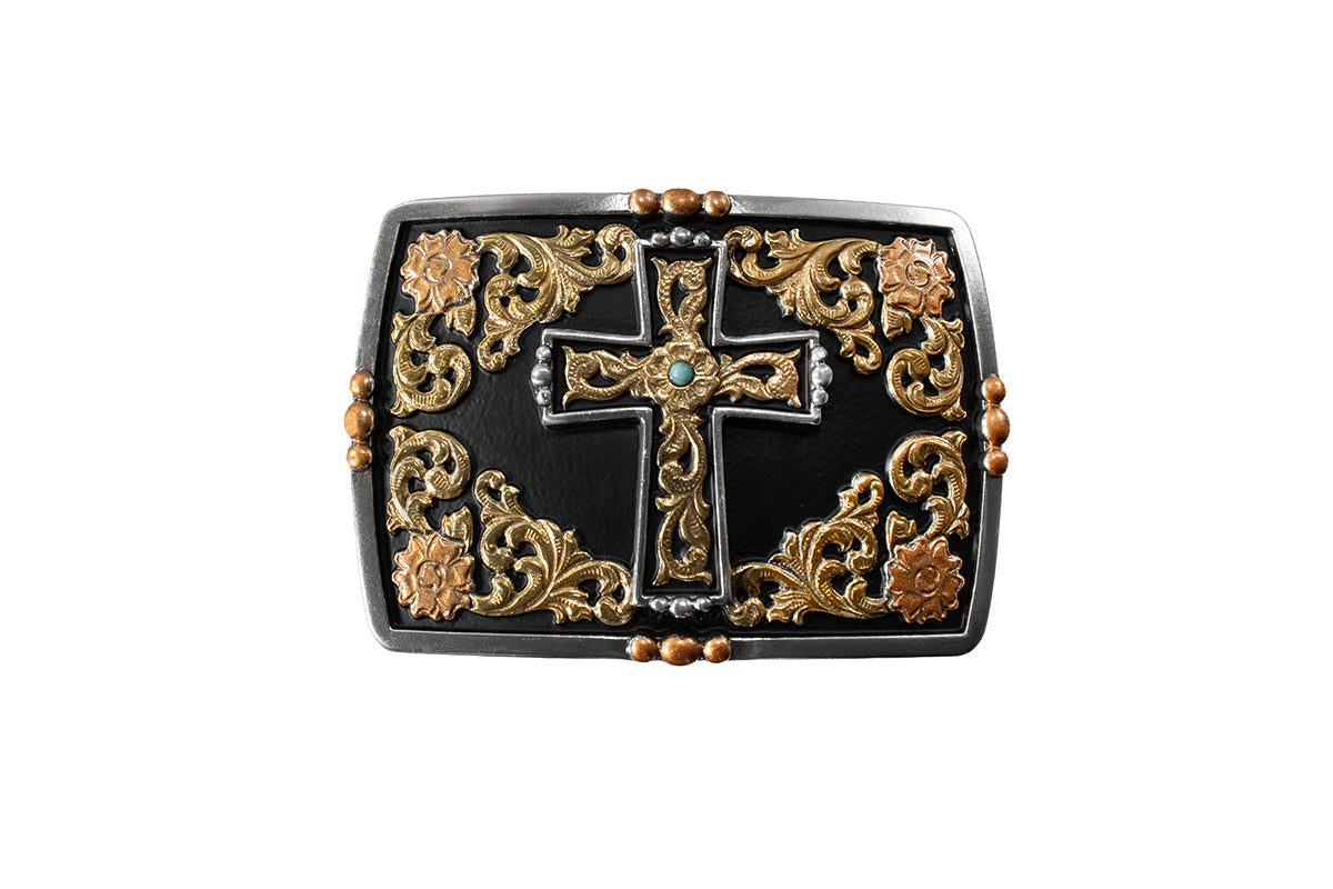 a rectangular belt buckle with black inlay and gold, copper and silver detail and a cross in the center