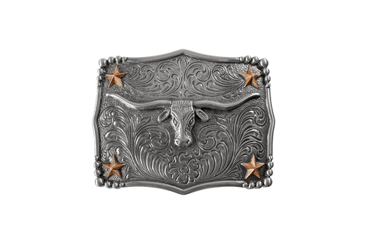 a silver belt buckle with a steerhead and copper stars
