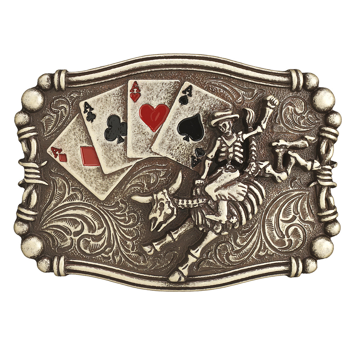 Belt buckle from Nocona with Ace playing cards and a skeleton bull rider on a white background
