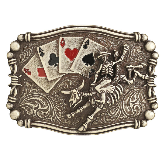 Belt buckle from Nocona with Ace playing cards and a skeleton bull rider on a white background