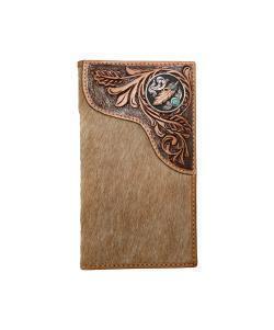 Brown leather wallet with intricate embossed design and hair on hide and a feather concho, on a white background