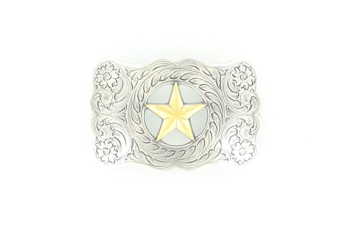 a scalloped edge silver belt buckle with a golden star in the center