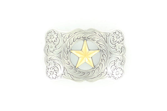 a scalloped edge silver belt buckle with a golden star in the center