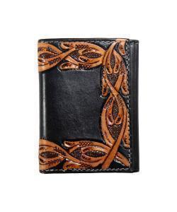 A black leather wallet with intricate brown tooled leather corner designs, shown against a plain white background.