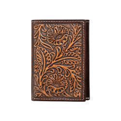 Brown leather wallet with intricate floral patterns on a white background