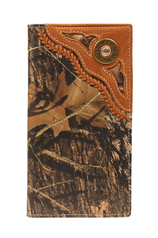 A men's long bifold wallet featuring a brown and black woodland camouflage pattern on the main body, a tan leather top corner, braided leather trim, and a brass 12 gauge concho.