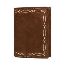 Brown leather wallet with decorative stitching on a white background