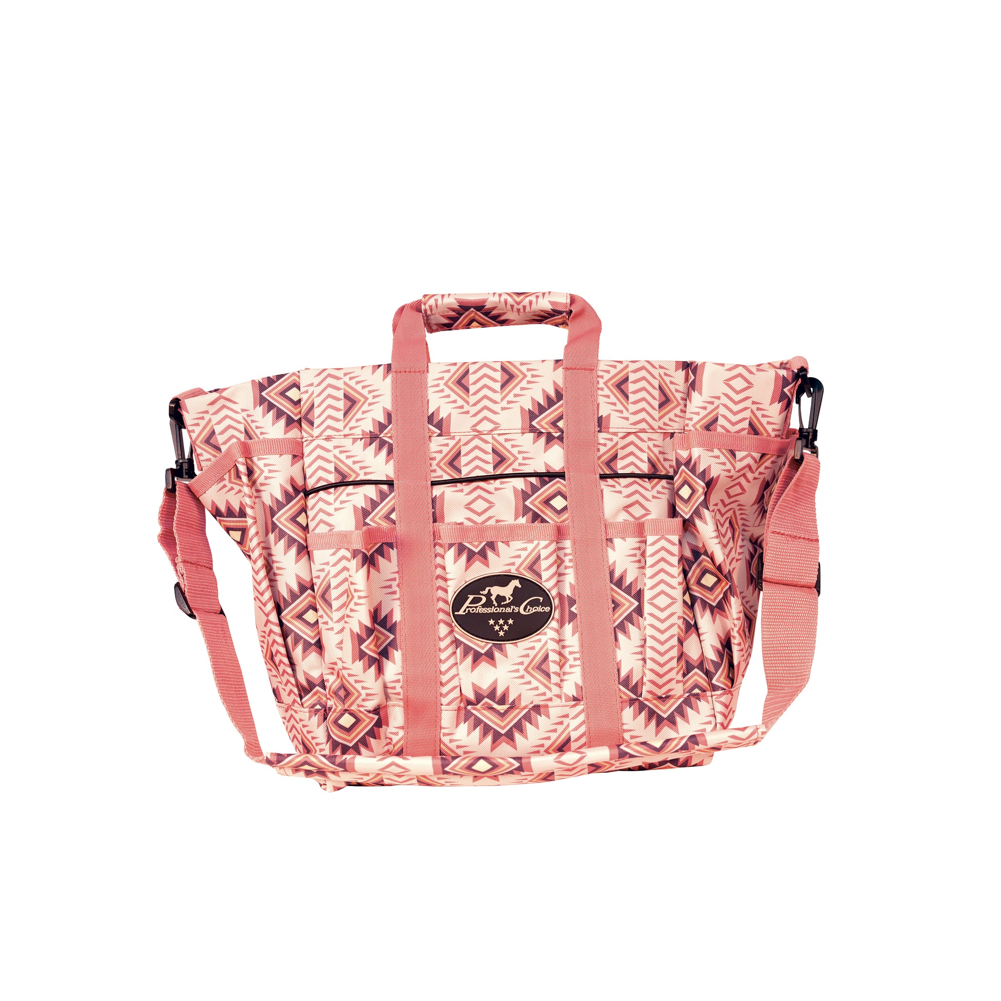 a pink patterned grooming bag on a white background