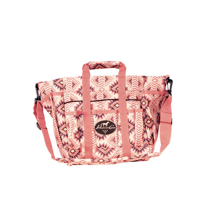 a pink patterned grooming bag on a white background