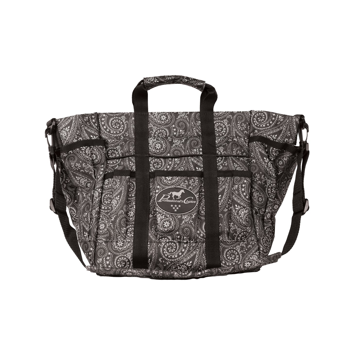 a black paisley print grooming bag on a white background