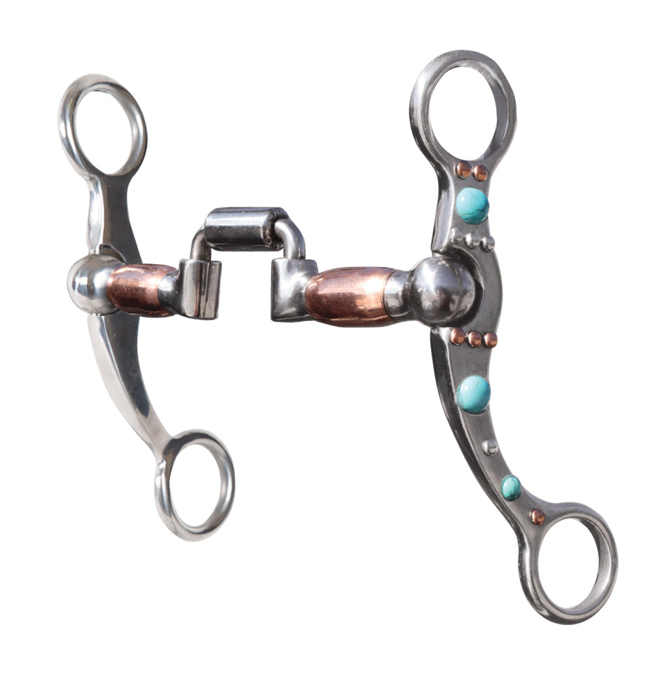 A western-style metal horse bit featuring a polished silver-tone steel body, small turquoise blue stone accents The bit is displayed against a solid white background.