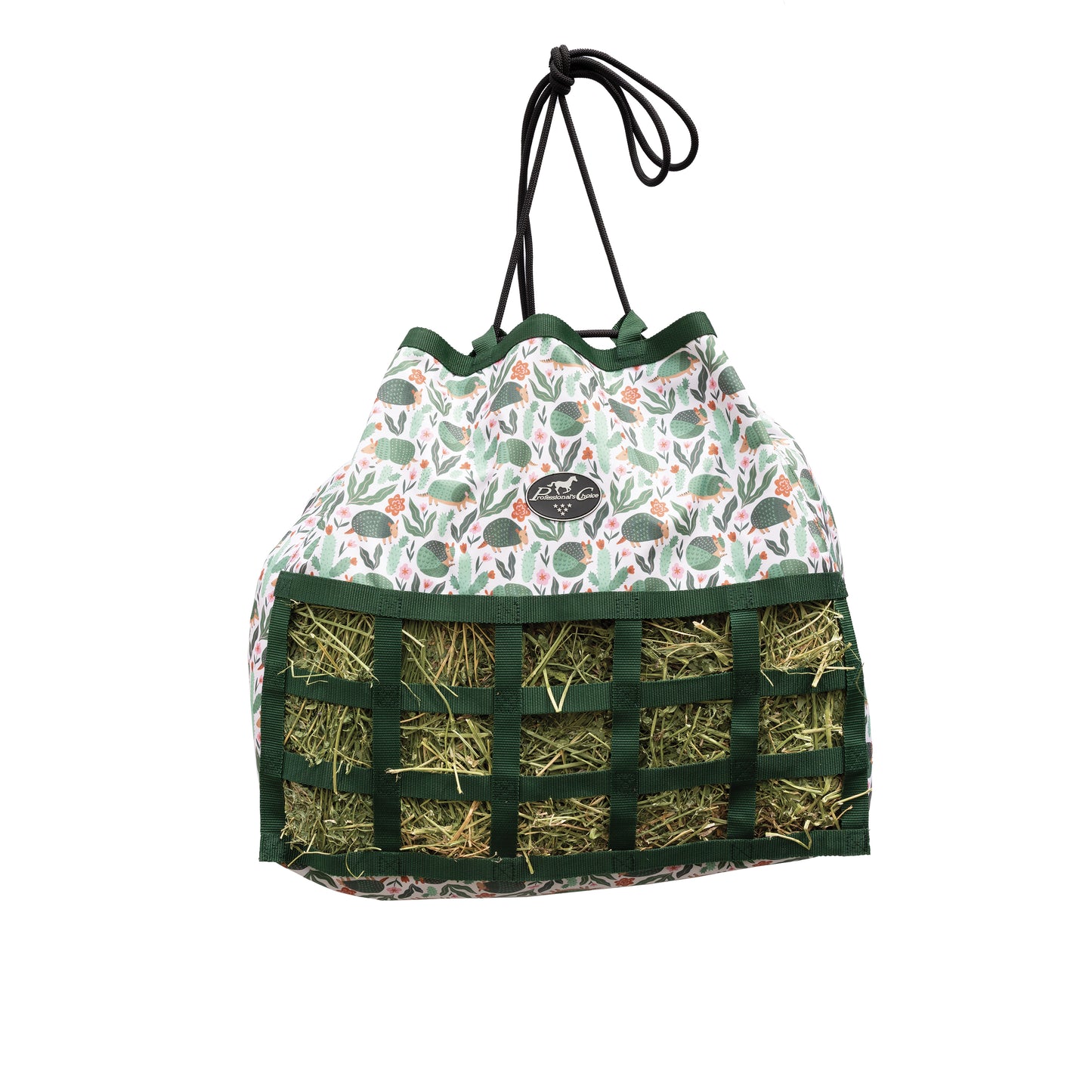 Drawstring bag with floral pattern and compartments filled with hay on a white background