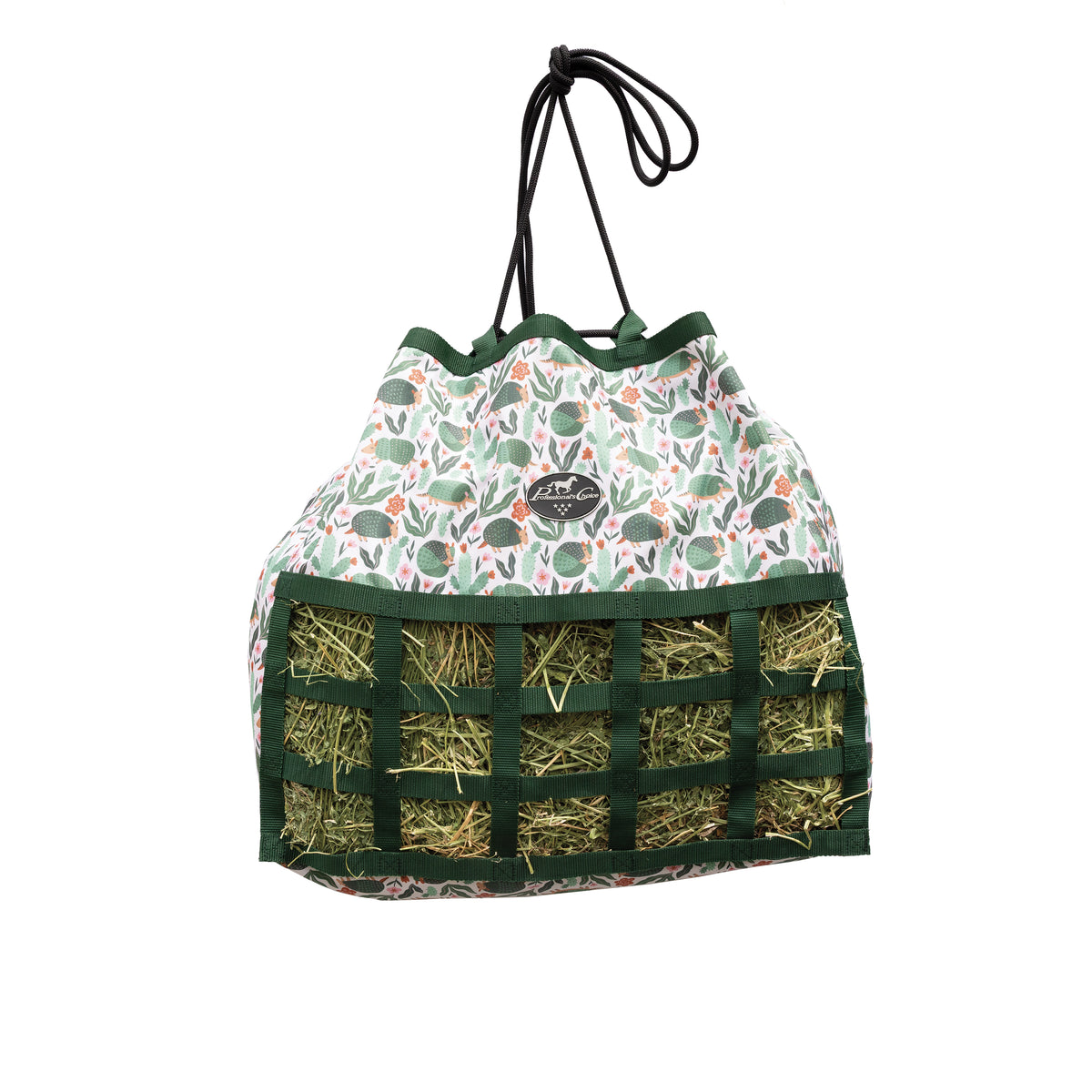 Drawstring bag with floral pattern and compartments filled with hay on a white background