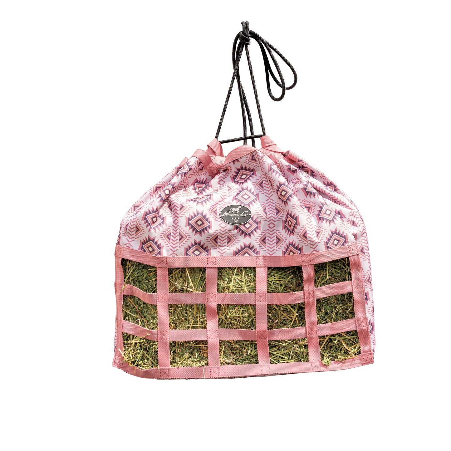 Pink hay bag with grid design filled with hay on a white background