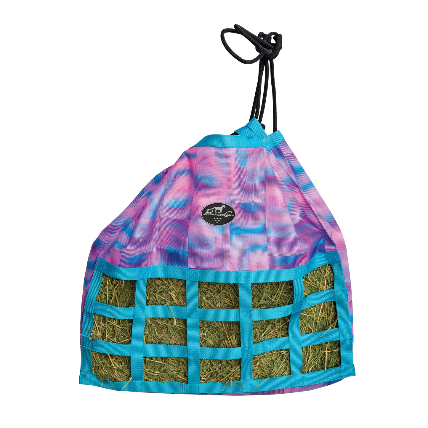 A hanging hay net bag with a pink and blue tie-dye pattern, turquoise trim, and a black drawstring closure, shown against a plain white background. Hay is visible through the front grid openings.