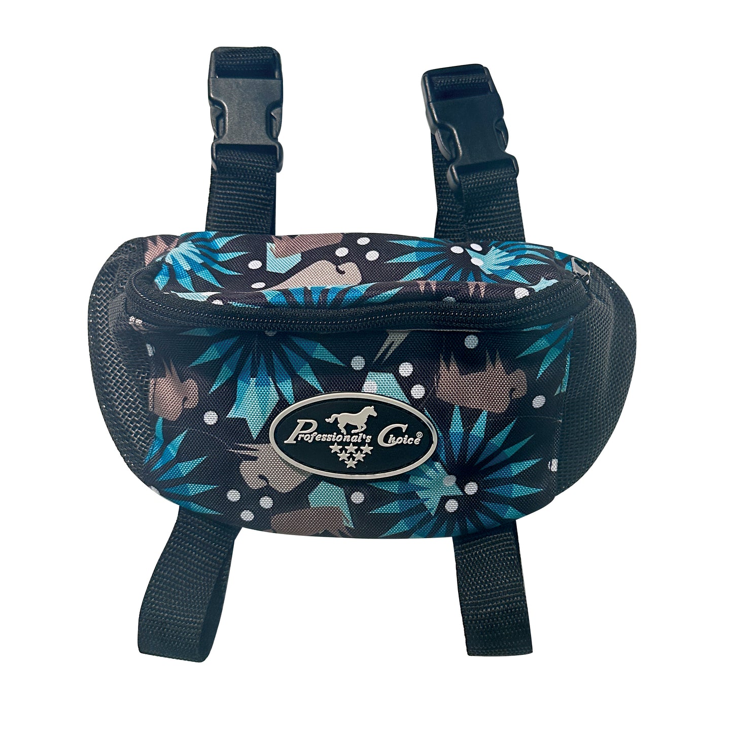 A black printed Professional's Choice pommel bag made from 600D polyester, featuring mesh panels and straps for ventilation and carrying cell phone, keys, and other necessities for trail riding.