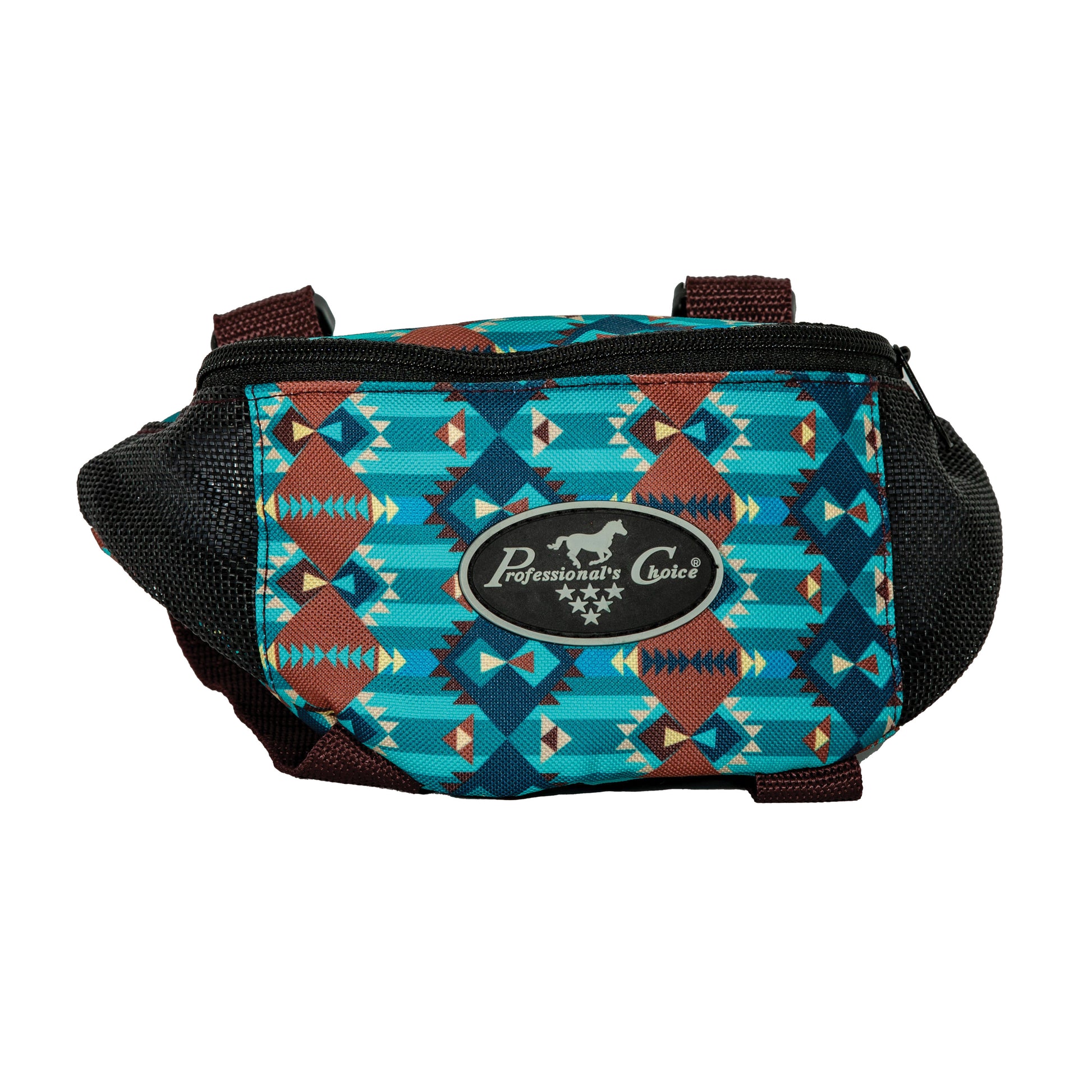 A turquoise printed Professional's Choice pommel bag made from 600D polyester, featuring mesh panels and straps for ventilation and carrying cell phone, keys, and other necessities for trail riding.