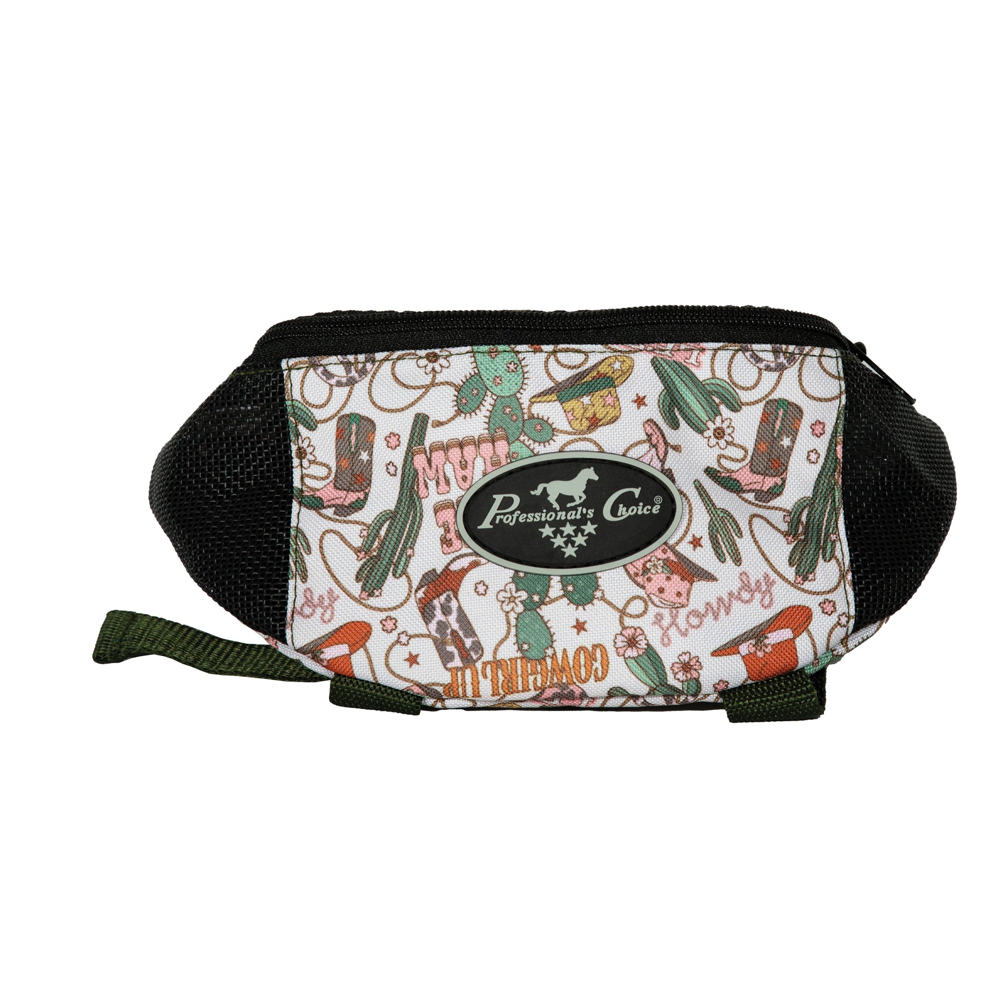 A cowboy print Professional's Choice pommel bag made from 600D polyester, featuring mesh panels and straps for ventilation and carrying cell phone, keys, and other necessities for trail riding.