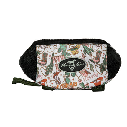 A cowboy print Professional's Choice pommel bag made from 600D polyester, featuring mesh panels and straps for ventilation and carrying cell phone, keys, and other necessities for trail riding.