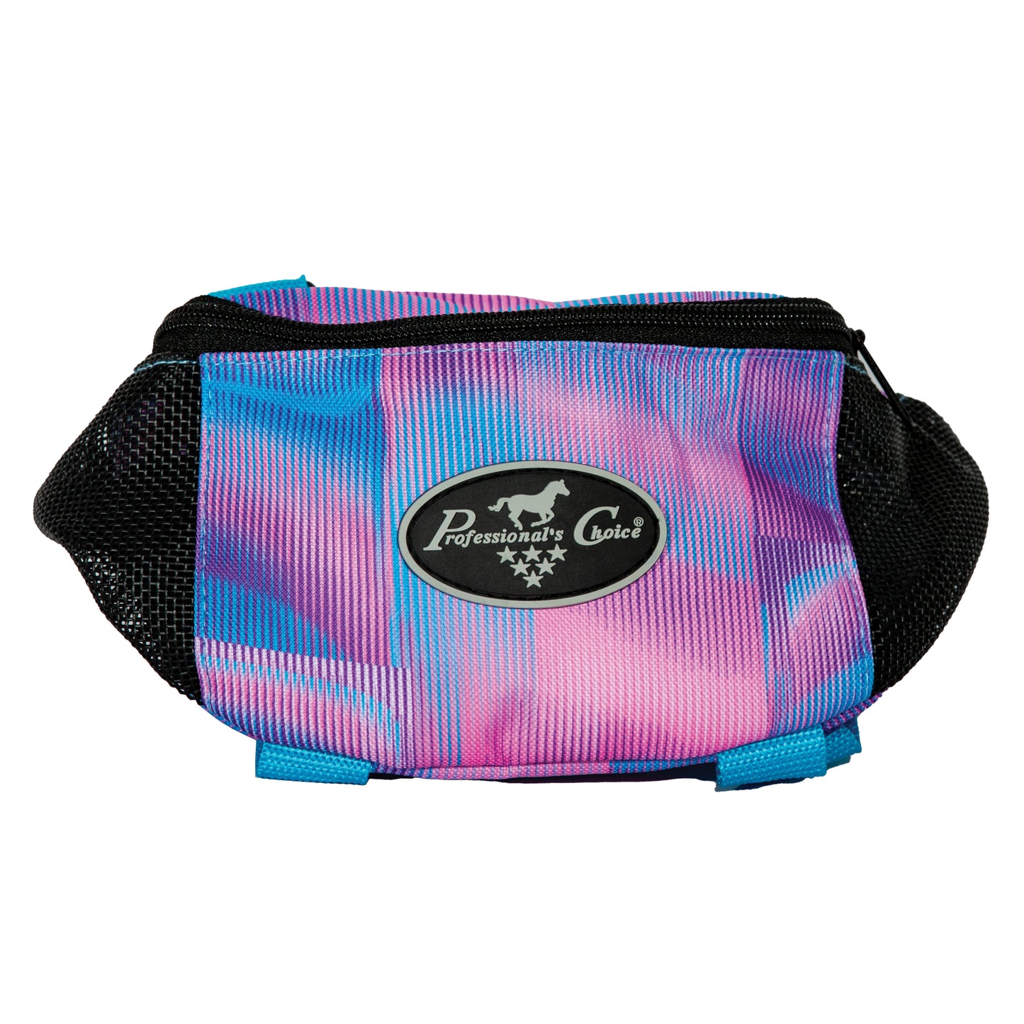 A pink ombre Professional's Choice pommel bag made from 600D polyester, featuring mesh panels and straps for ventilation and carrying cell phone, keys, and other necessities for trail riding.