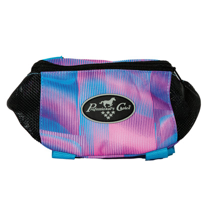 A pink ombre Professional's Choice pommel bag made from 600D polyester, featuring mesh panels and straps for ventilation and carrying cell phone, keys, and other necessities for trail riding.