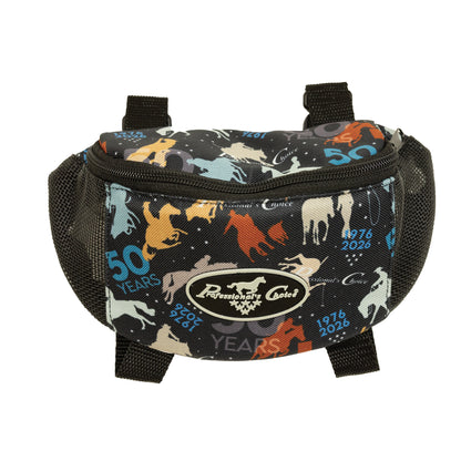 Fanny pack with colorful horse illustrations and text on a black background