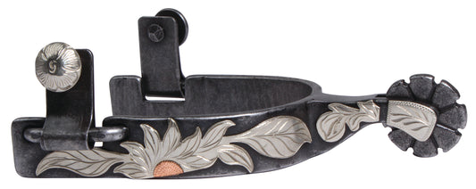 a antique grey spur with sloral overlay on a white background