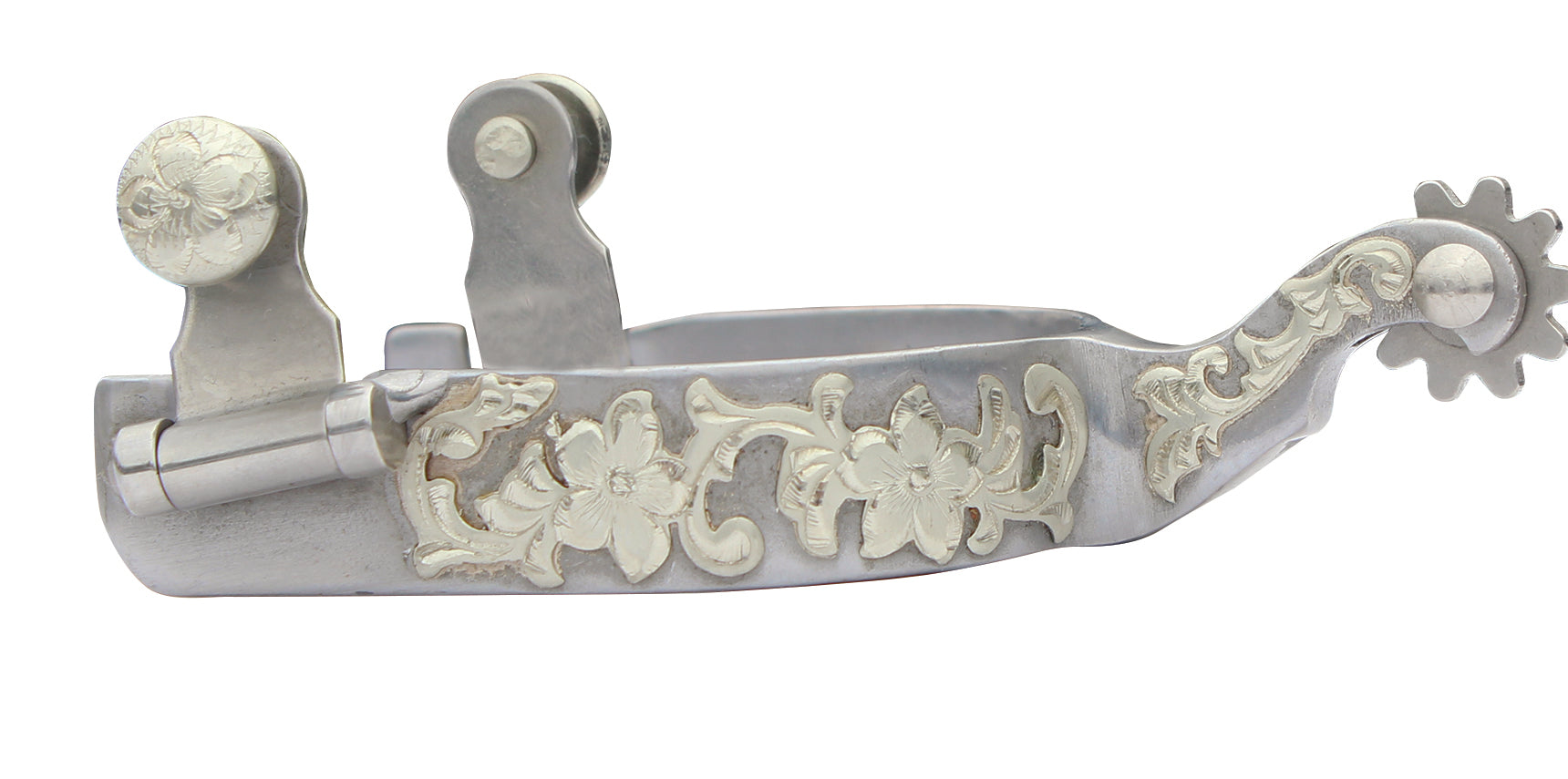 Decorative silver spur with intricate designs on a white background