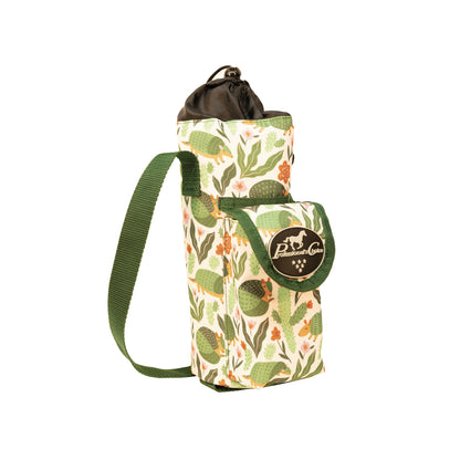 an armadillo and cactus print water bottle carrier with a strap and a 'professional's choice' logo on a white background