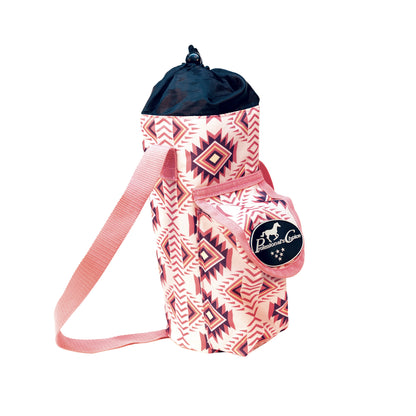 a pink aztec print water bottle carrier with a strap and a 'professional's choice' logo on a white background
