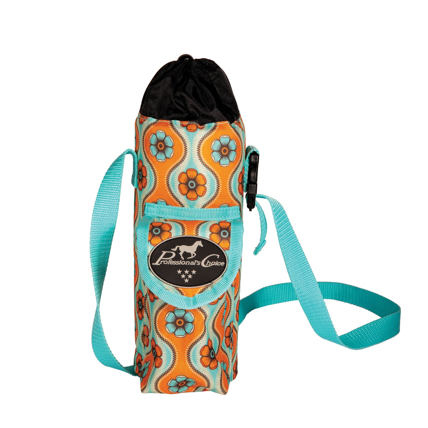 an orange and teal floral print water bottle carrier with a strap and a 'professional's choice' logo on a white background