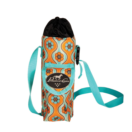 an orange and teal floral print water bottle carrier with a strap and a 'professional's choice' logo on a white background