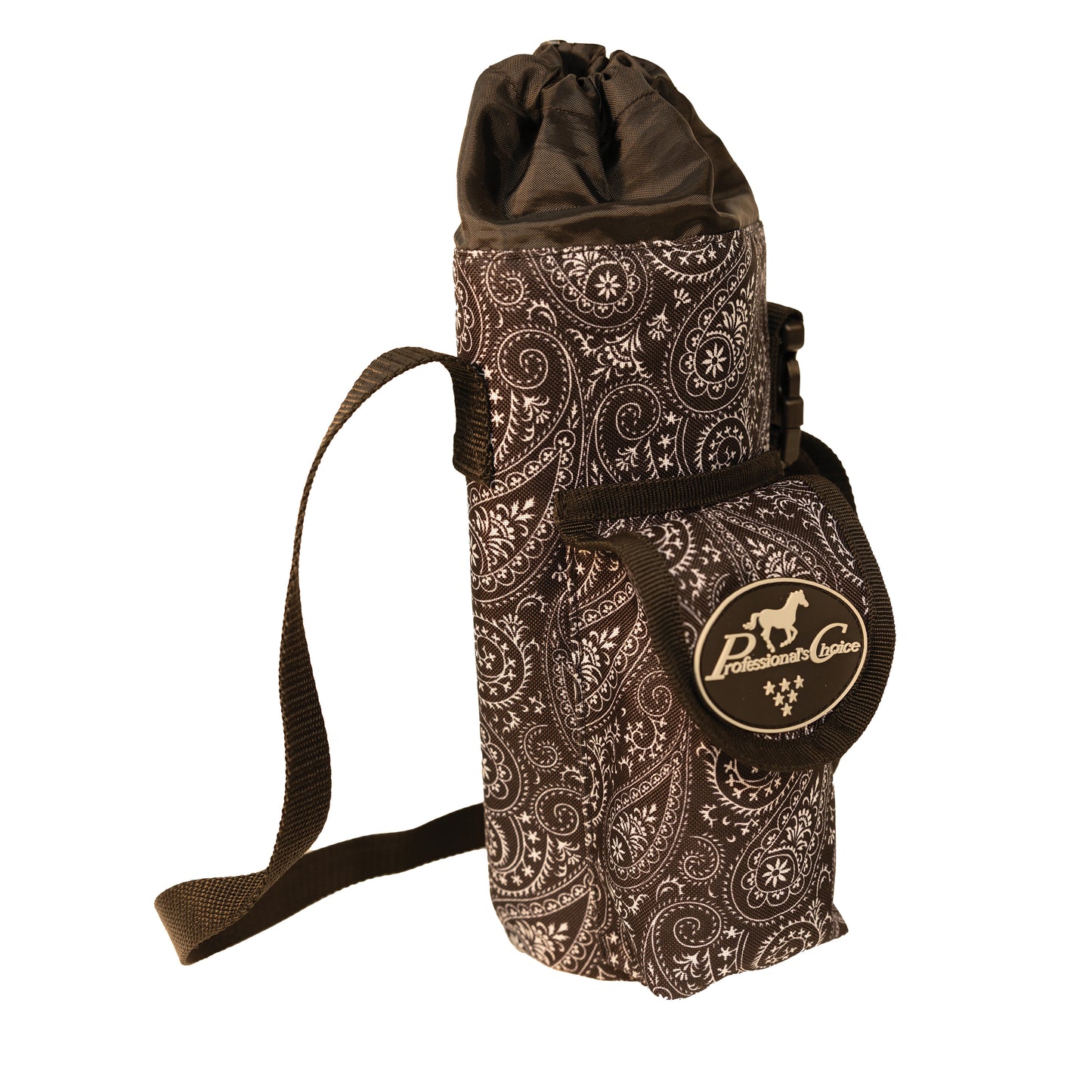 a black and white paisley print water bottle carrier with a strap and a 'professional's choice' logo on a white background