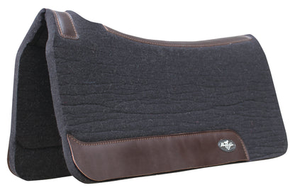 black in color deluxe wool saddle pad with leather wear leathers, contoured for an anatomically correct fit, with a channel down the spine.