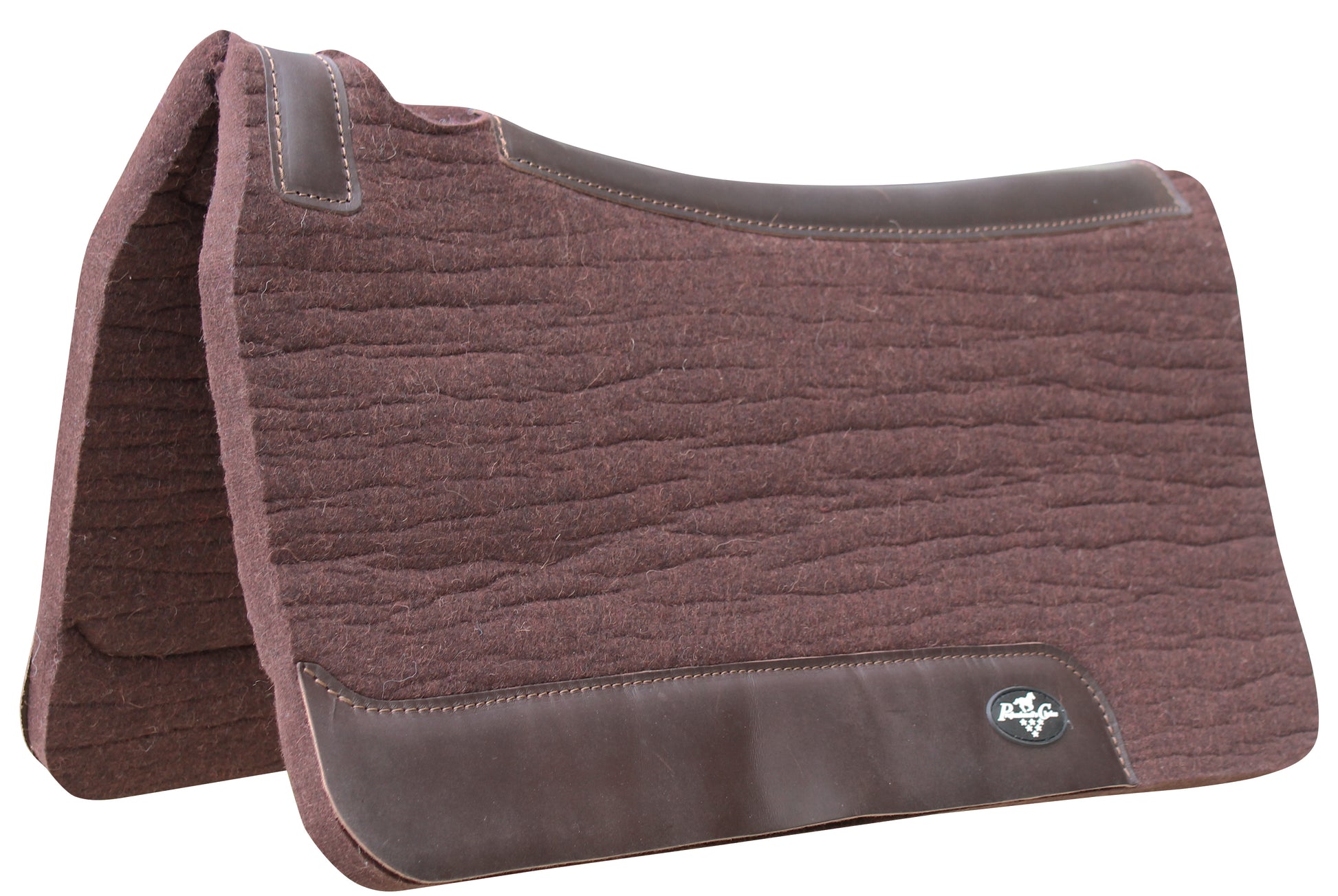 brown in color deluxe wool saddle pad with leather wear leathers, contoured for an anatomically correct fit, with a channel down the spine.
